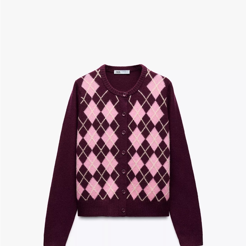 Zara Plum and Pink Argyle Button-Front Cardigan
